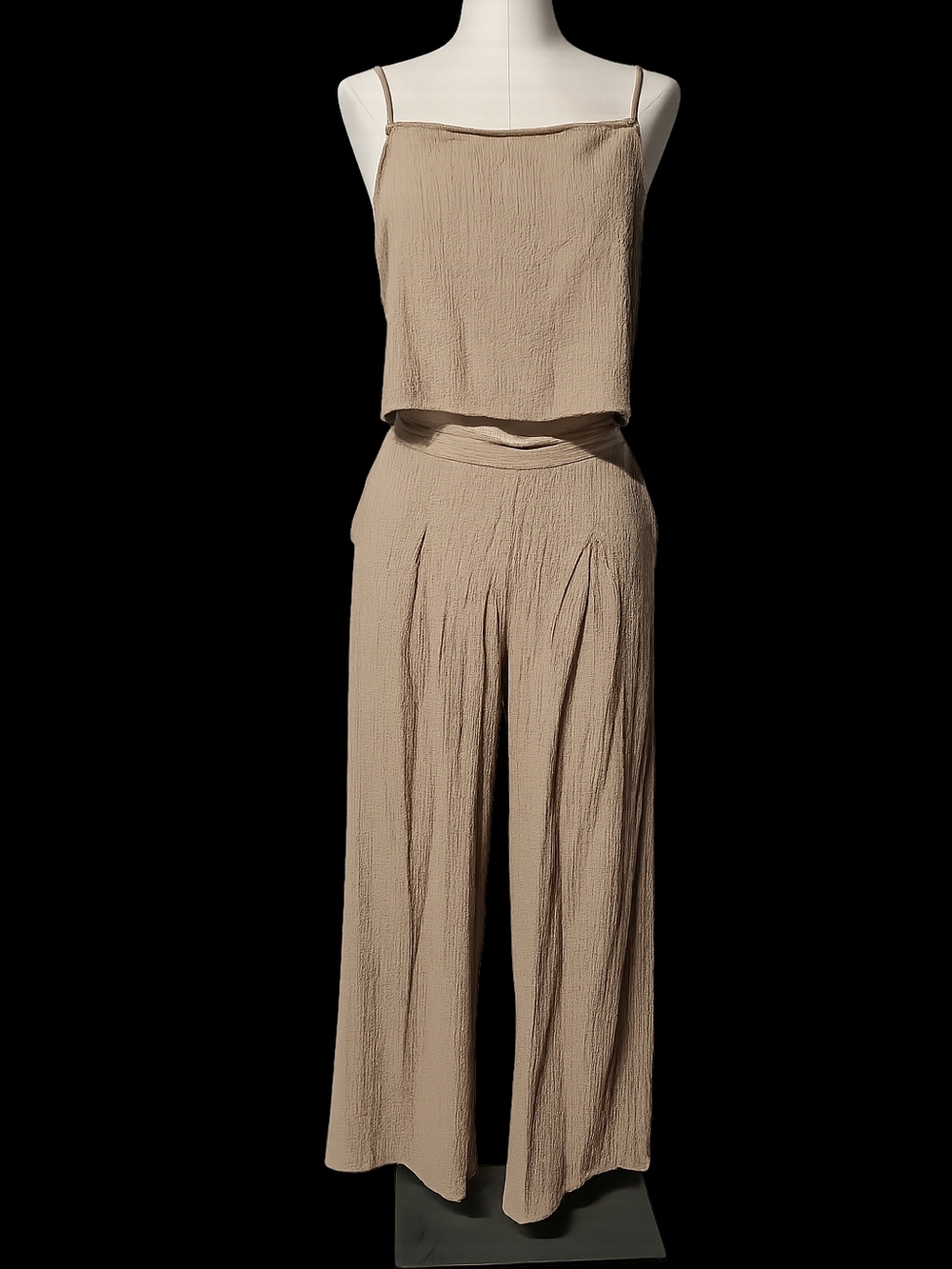 Beige Wide Leg Pleated Pant w/ Matching Spaghetti Strap Button Back Crop Tank